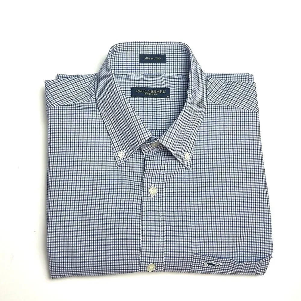 Paul & Shark Casual Shirt Button Down Cotton Blue Plaid Italy size L neck 16,5